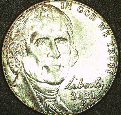 2021-P-Nickel-With-Die-Chips-Of-Left-Side-Of-Monticello-And-Faint-Beehive