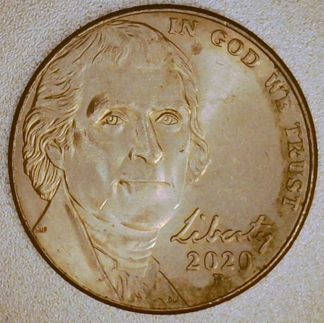 Heavy-Stuck-Thru-Object-/-2020-P-Jefferson-Nickel-/-Two-Places