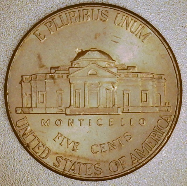 Heavy-Stuck-Thru-Object-/-2020-P-Jefferson-Nickel-/-Two-Places