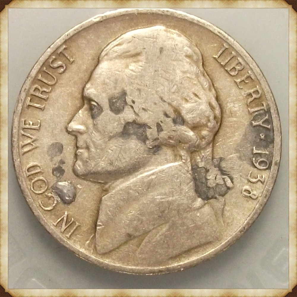 1938-D-Jefferson-Nickel-Strange-Stains-With-A-Cud?