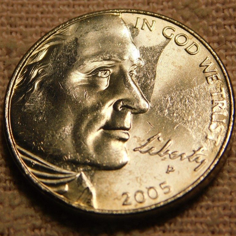 2005-P-Jefferson-Nickel-Oiv-From-US-Mint-Roll-With-Grease-Strike-Through?