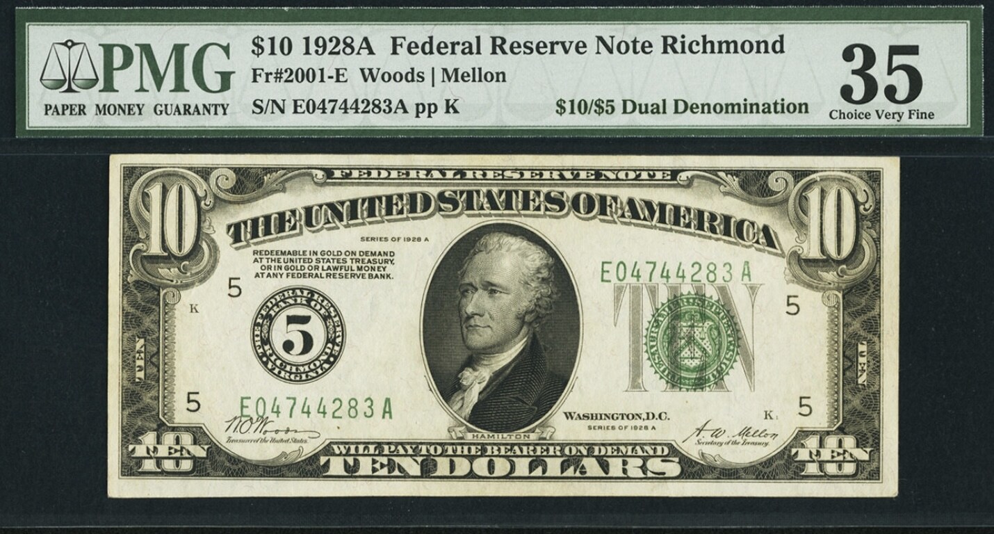 Error-Highlight:-1928-A-$10/$5-Richmond-Federal-Reserve-Note-Double-Denomination-Error