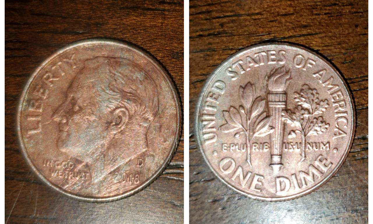 2018-D-Dime-If-This-Dime-Was-Struck-On-A-Cent-Planchet-Wouldn't-The-Color-Brown-Cover-Entire-Dime
