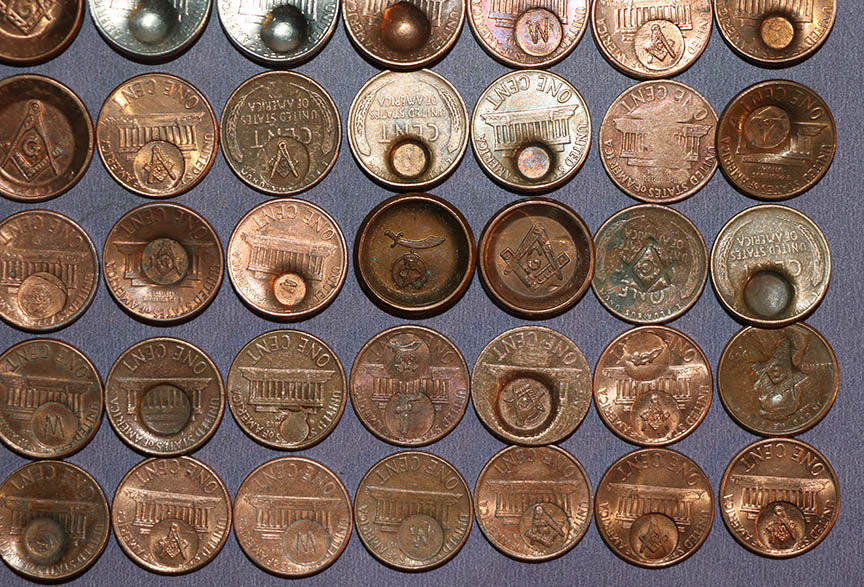 Masonic-Tokens,-Coins-And-Counter-Stamped-Pennies