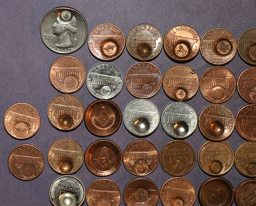 Masonic-Tokens,-Coins-And-Counter-Stamped-Pennies