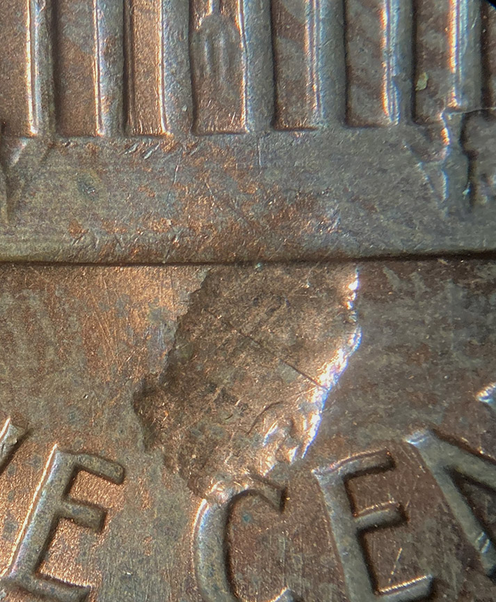 1971-D-Lincoln-Memorial-Cent-Mint-Error---Struck-Through-Lamination-Flake