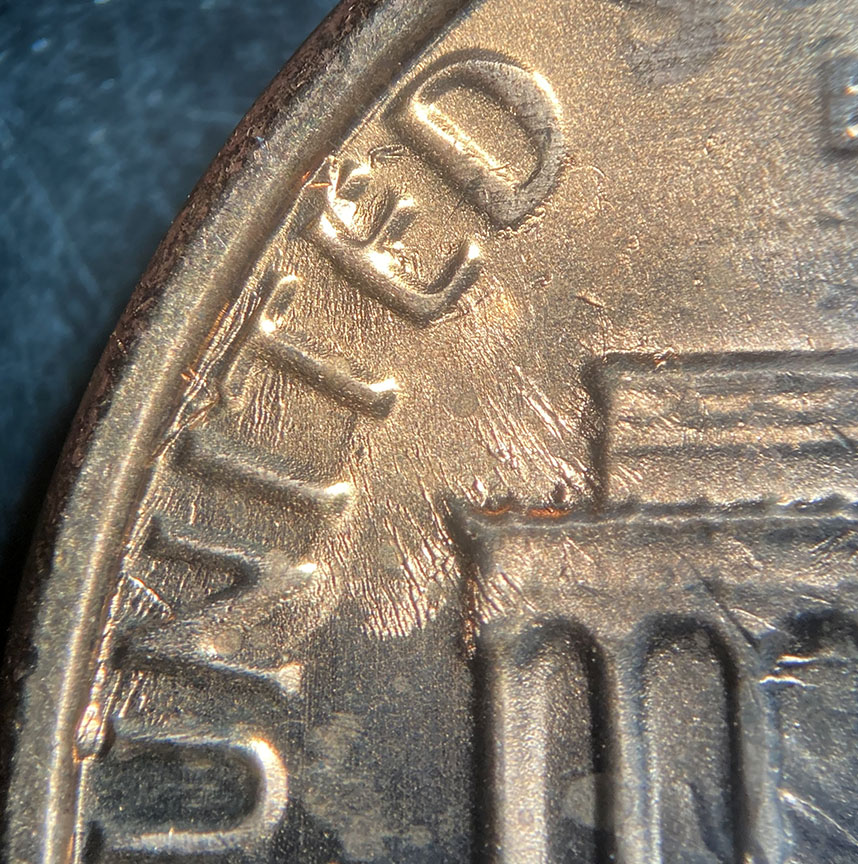 1983-Lincoln-Memorial-Cent-Mint-Error---Marjor-Uniface-Die-Dents