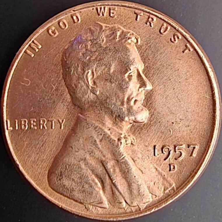 1957-Lincoln-Wheat-Penny-Ob-No-Artist-Initials-VDB,-Feathered-Cud?
