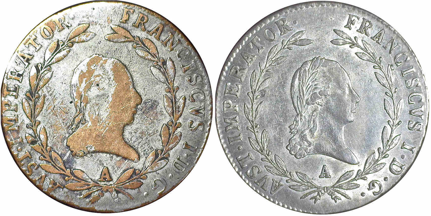 Austria-20-Kreuzer-1818-Genuine-And-Counterfeit