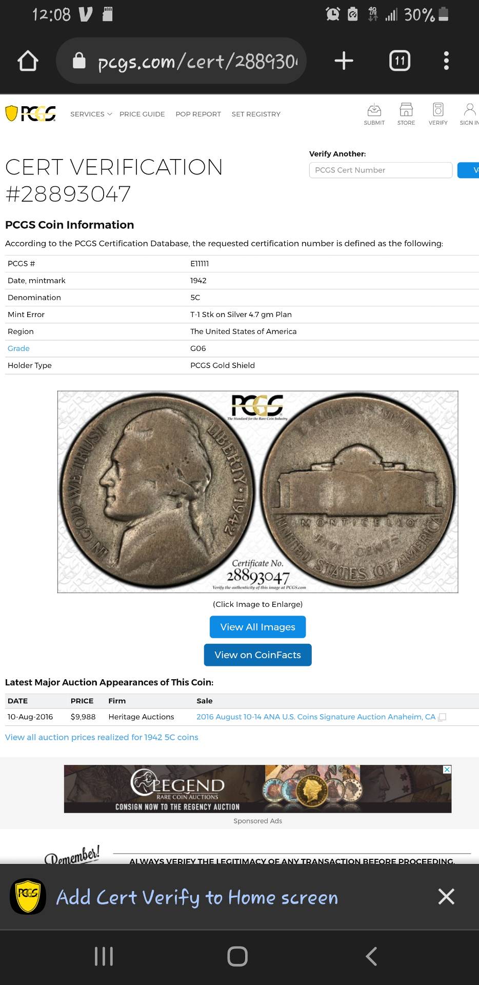 1942-P-Type-2-Mint-Error-On-A-Silver-Planchet-Weighing-4.6/4.7-Grams