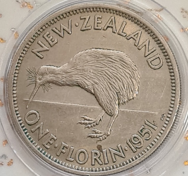 1951-New-Zealand--One-Florin-Die-Clash-Obverse-Near-Kings-Sideburn/Ear