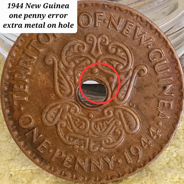 1944-&-1936-New-Guinea-One-Penny-Error-Coins---Extra-Metal