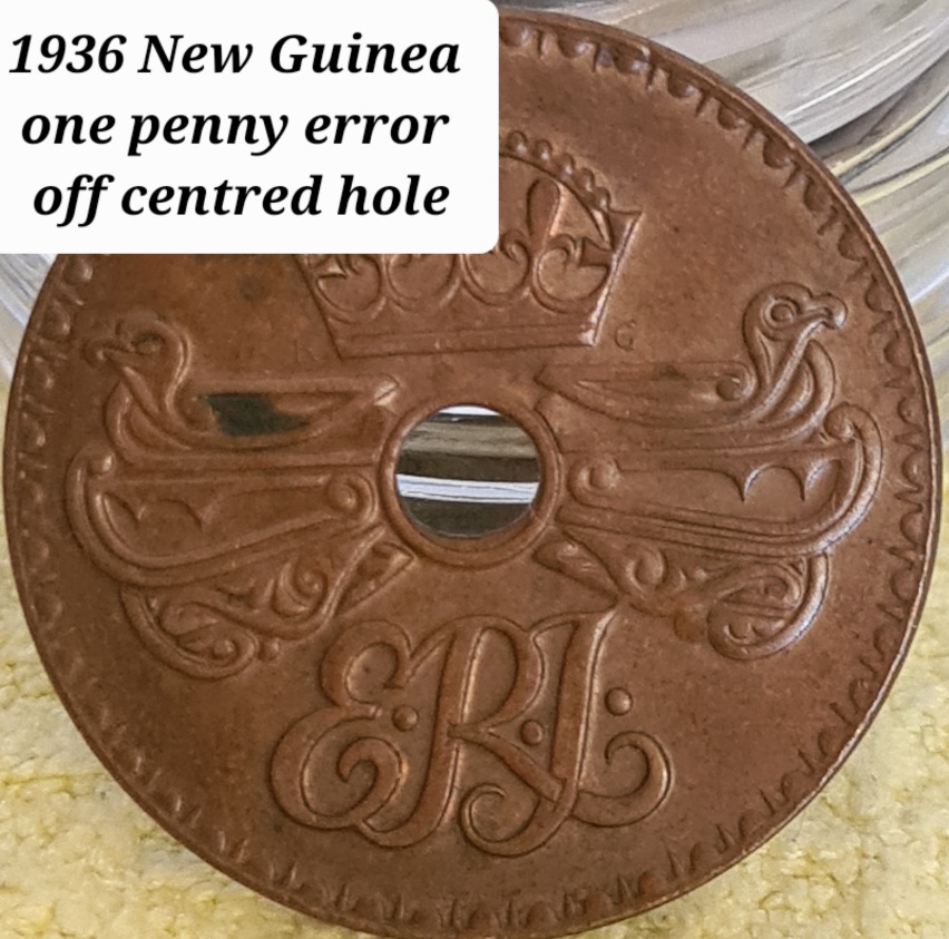 1944-&-1936-New-Guinea-One-Penny-Error-Coins---Extra-Metal