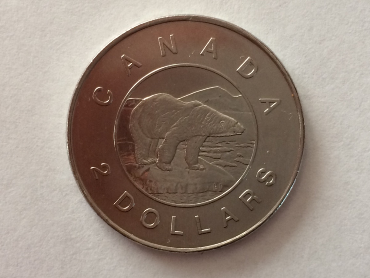 2005-Canadian-Toonie-All-Silver,-Mistake-Middle-Planchet-Punched-Nickel.