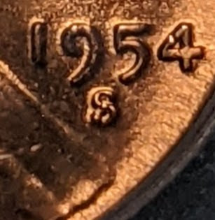 1954-S-Wheat-Cent-With-Unexpected-Extra-Material-On-Mint-Mark.-Die-Crack?