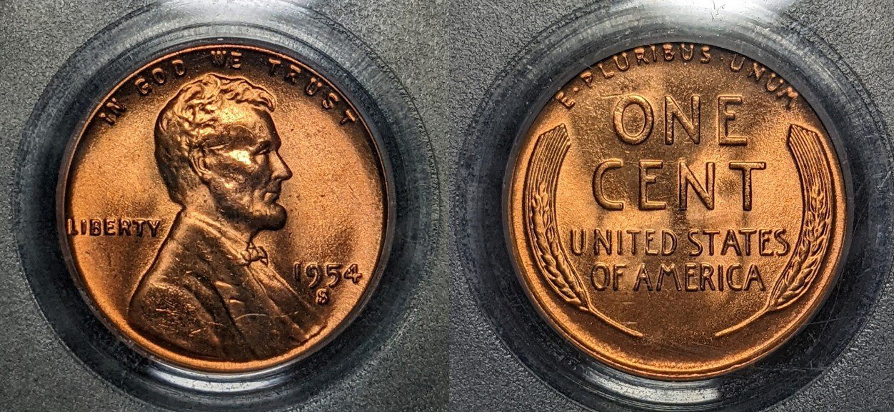 1954-S-Wheat-Cent-With-Unexpected-Extra-Material-On-Mint-Mark.-Die-Crack?