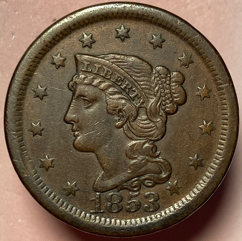 1853-Braided-Hair-Cent-For-Eval-And-Grade