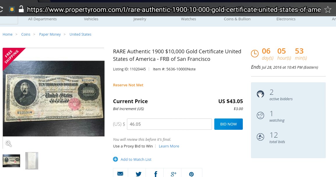 1900--Cancelled---$10,000-Gold-Cert.-On-Propertyroom-Auction-Site.