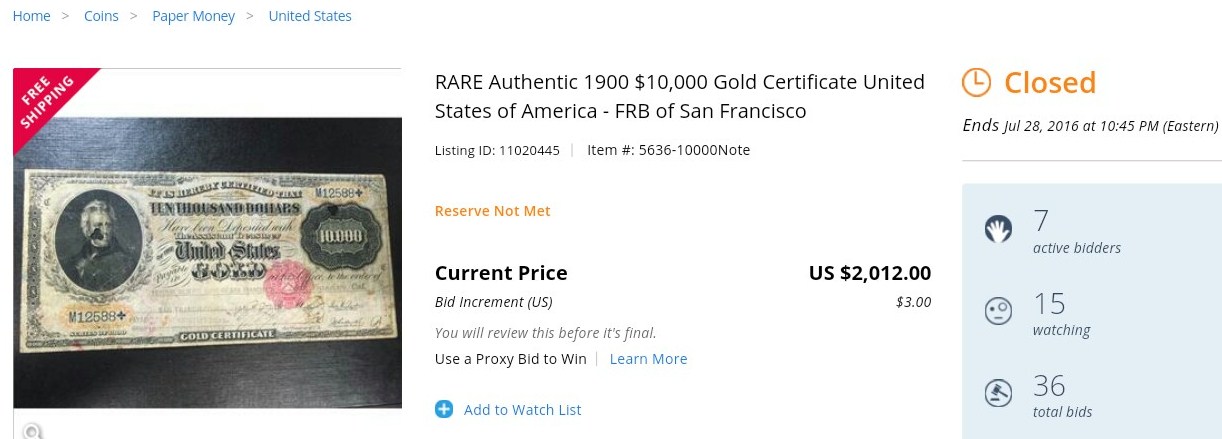 1900--Cancelled---$10,000-Gold-Cert.-On-Propertyroom-Auction-Site.