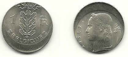 Belgium-:-1-Franc-1967-French-Somewhat-Off-Center