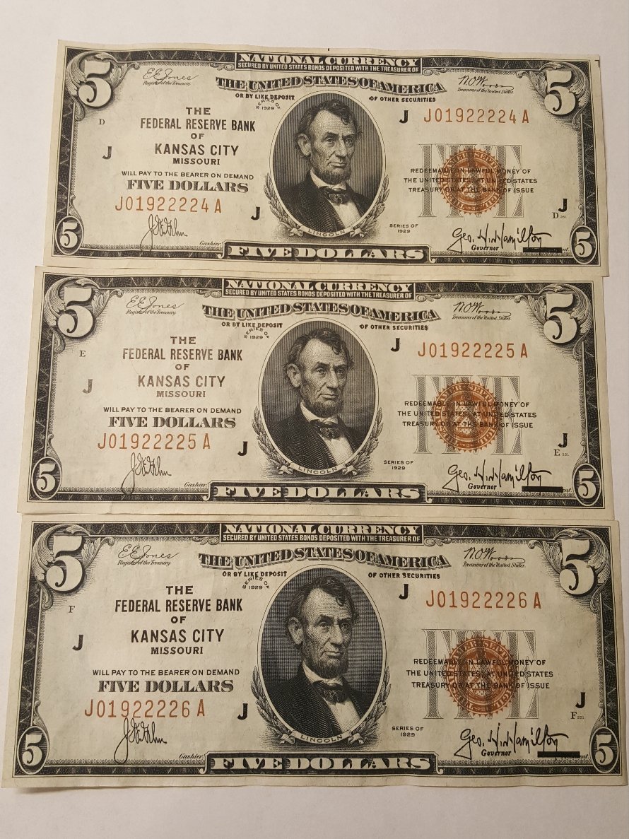 3-Beautiful-Consecutive-1929-Kansas-City-$5-Bills