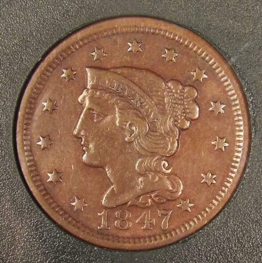 Do-You-Think-1847-Braided-Hair-Large-Cent-Has-Been-Cleaned?--Or-Original?
