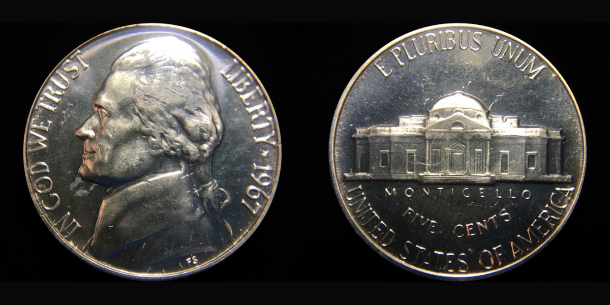 1967-SMS-Jefferson-Nickel--Struck-Through-String-On-Reverse