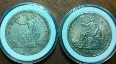 Two-Counterfeit-1874-Trade-Dollar's