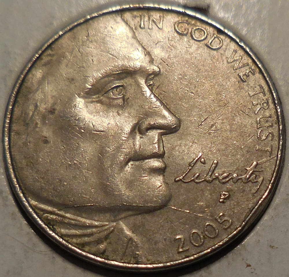 2005-P-Jefferson-Nickel-Impressive-Rim-To-Rim-Die-Crack
