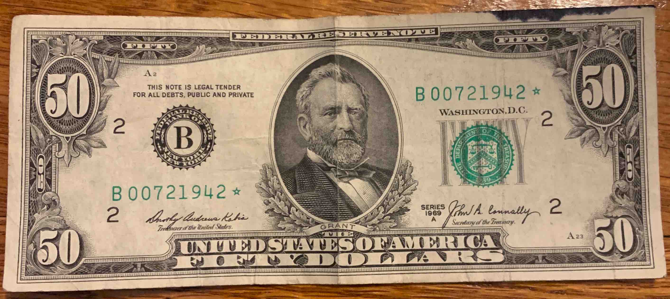 $50-1969A-Series-Star-Note-With-Black-Mark-On-Corner