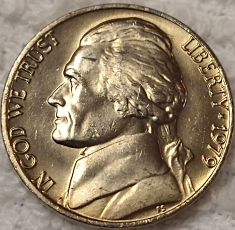 1979-Jefferson-Nickel---Discolored-To-A-Gold-Tint