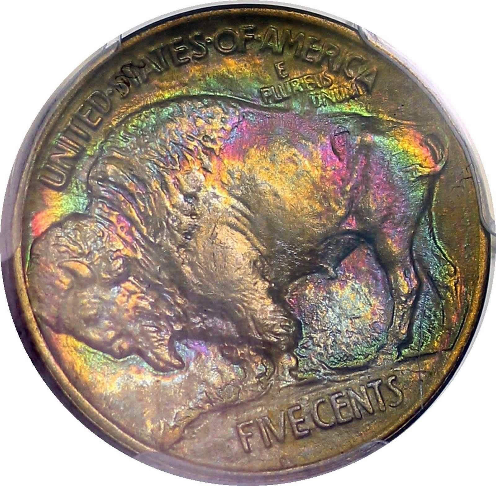1913-Monster-Rainbow-Toned--Buffalo-Nickel-Type-I-Obverse-And-Reverse