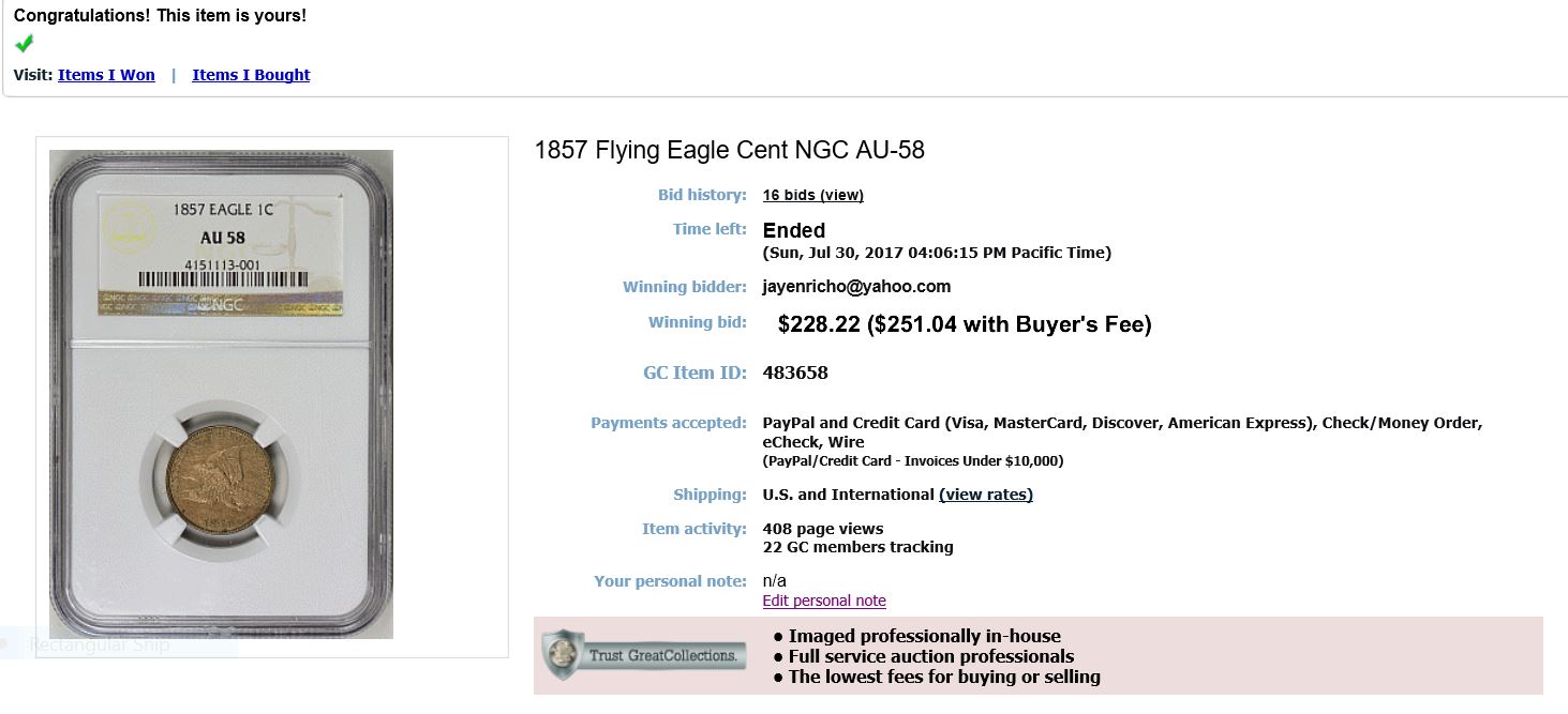 1857-Flying-Eagle-AU-58-NGC-Original-Seller's-Photo