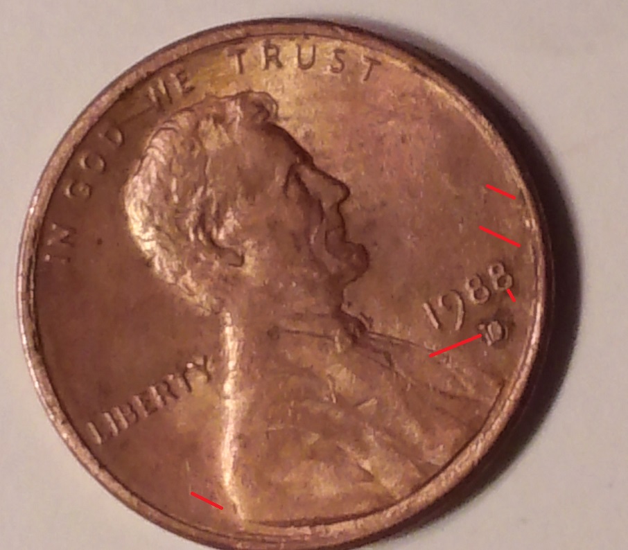 Lincoln-Penny-1988-D-Metal-Drop-Inside-D-And-Die-Cracks