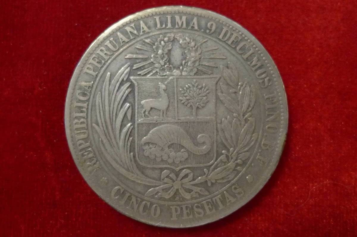 1880-Bf--Lima,-Peru,-5-Pesetas,-B.-With-Dot-Below-Wreath