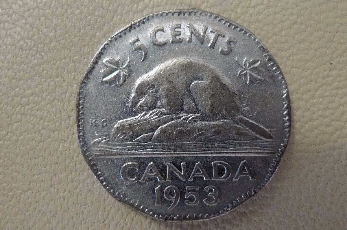 Coin-#2-1953-Canada-,-Elizabeth-II-,5-Cents-Steel-.