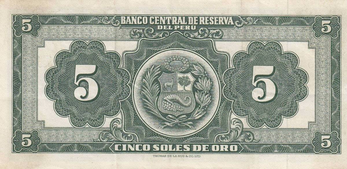 1965-Banco-Central-De-Reserva-Del-Peru,-Cinco-Soles,-Bank-Note