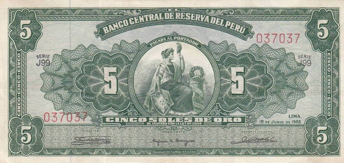 1965-Banco-Central-De-Reserva-Del-Peru,-Cinco-Soles,-Bank-Note