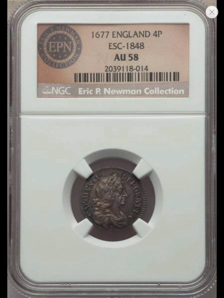 1677-Charles-II-4-Pence---AU-58-Eric-P.-Newman-Collection