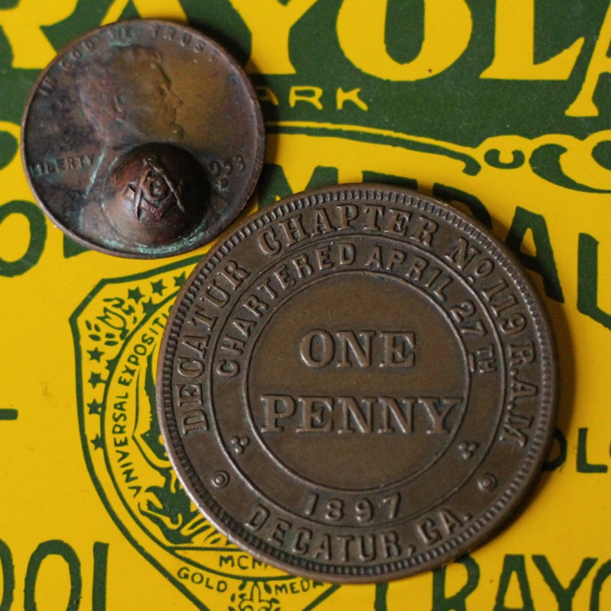 Masonic-Tokens,-Coins-And-Counter-Stamped-Pennies