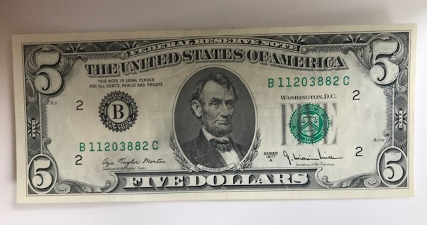 First-Post-New-Member--1977-$5--Front-To-Back-Offset-Ink-Transfer-Error