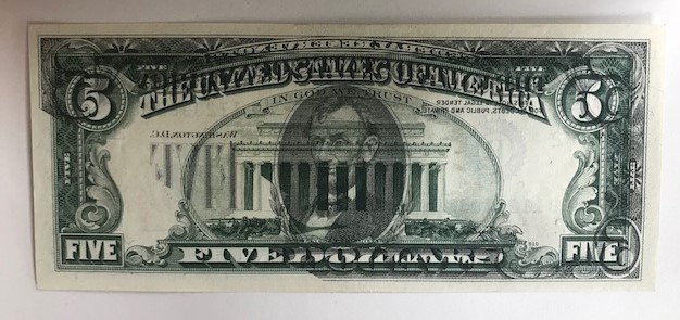 First-Post-New-Member--1977-$5--Front-To-Back-Offset-Ink-Transfer-Error