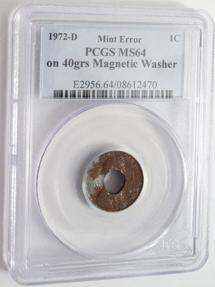 Mint-Error-1972-D-Cent-Struck-On-40grs-Magnetic-Washer-1c-PCGS-MS-64-Rare-Error-Ebay