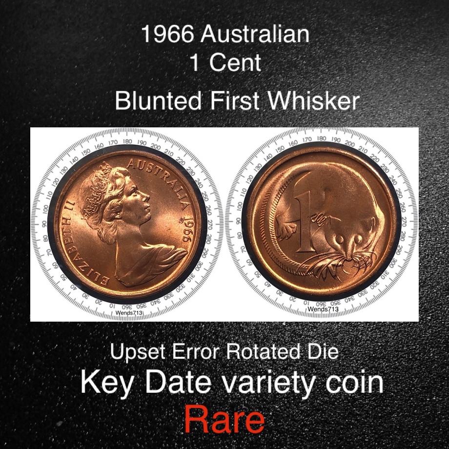 1966-Australian-1-Cent-Upset-Error---Blunted-First-Whisker-Variety--Unc,