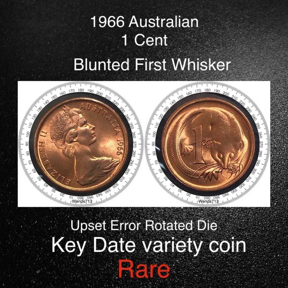 1966-Australian-1-Cent-Upset-Error---Blunted-First-Whisker-Variety--Unc,