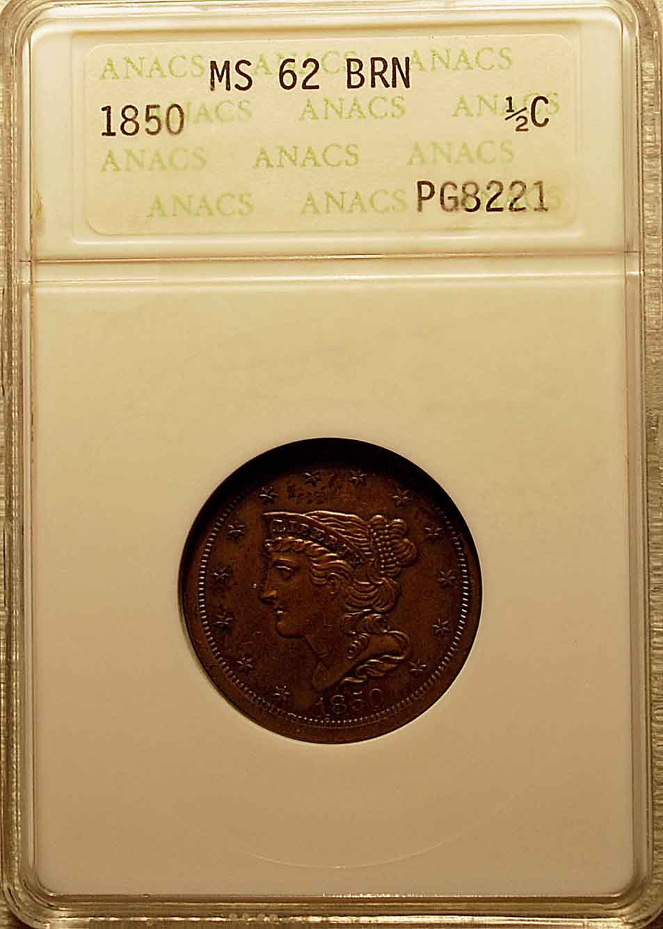 1850-Half-Cent-In-Very-Old-ANACS-Slab