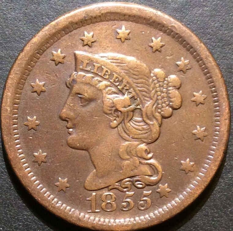 1855-Large-Cent-Slanted-55-Knob-On-Ear-Weight