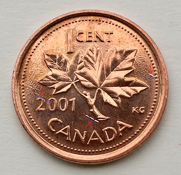 2001-Canada-1-Cent-Penny-With-Die-Cracks-Or-Die-Chips?