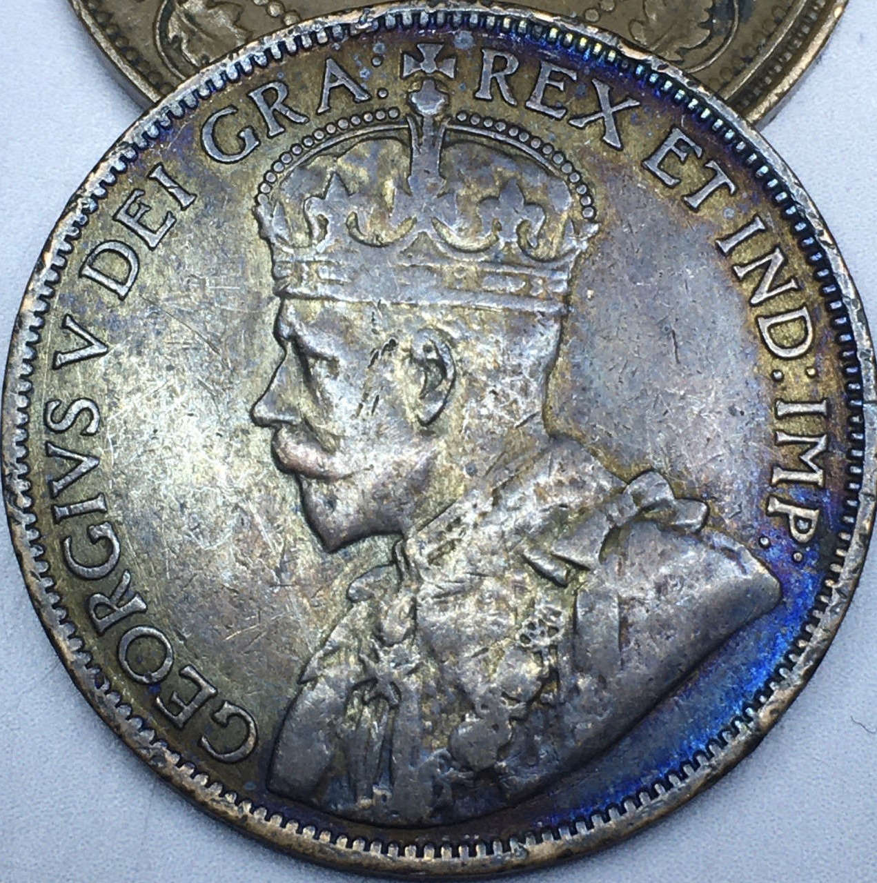 1920-KGV-Large-Cent,-Blue-And-Gold-Toning,-Natural-Or-PMD?