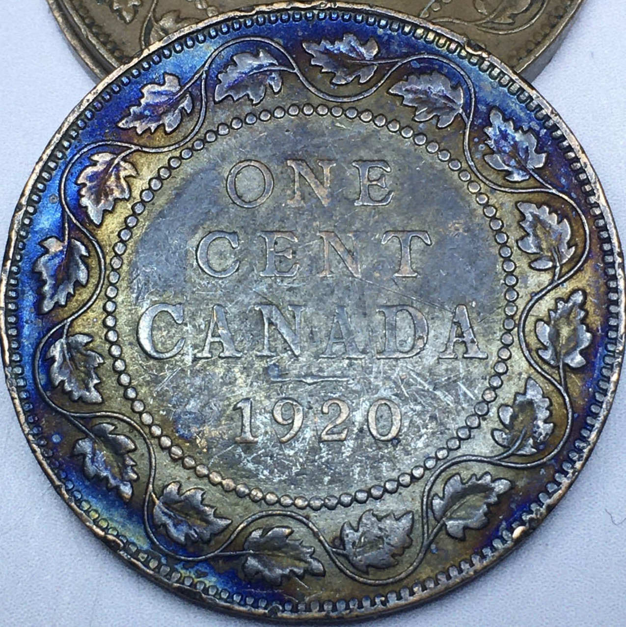 1920-KGV-Large-Cent,-Blue-And-Gold-Toning,-Natural-Or-PMD?